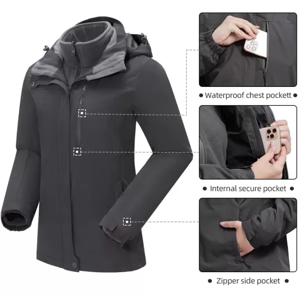 CAMEL CROWN Womens Waterproof Ski Jacket Winter Coat Windbreaker Fleece Inner Detachable Hood Snow Hiking OutdoorDark Grey109