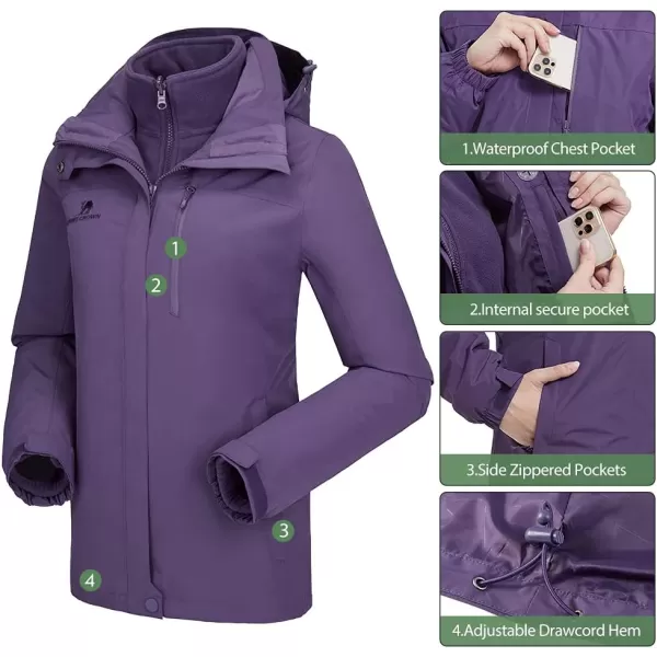 CAMEL CROWN Womens Waterproof Ski Jacket Winter Coat Windbreaker Fleece Inner Detachable Hood Snow Hiking OutdoorDark Purple109