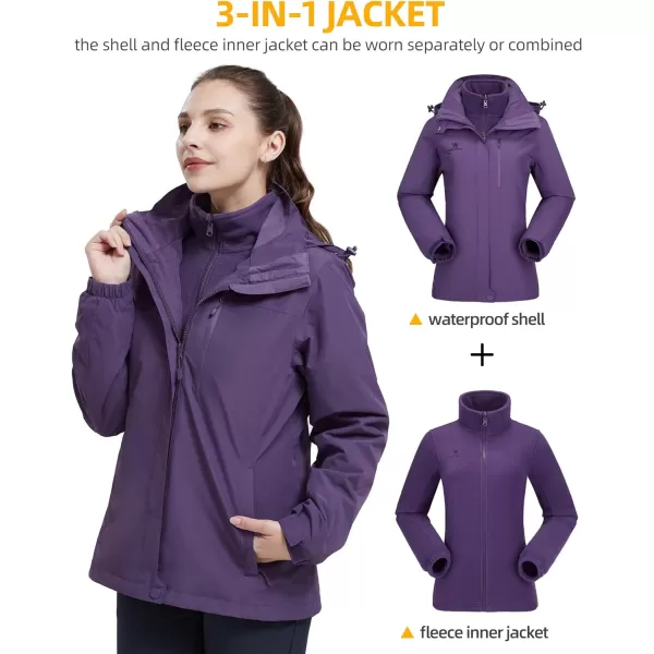 CAMEL CROWN Womens Waterproof Ski Jacket Winter Coat Windbreaker Fleece Inner Detachable Hood Snow Hiking OutdoorDark Purple109