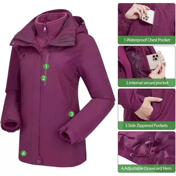 CAMEL CROWN Womens Waterproof Ski Jacket Winter Coat Windbreaker Fleece Inner Detachable Hood Snow Hiking OutdoorDeep Purple109