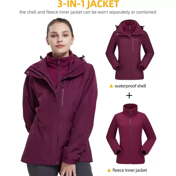 CAMEL CROWN Womens Waterproof Ski Jacket Winter Coat Windbreaker Fleece Inner Detachable Hood Snow Hiking OutdoorDeep Purple109