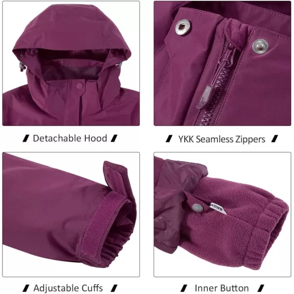 CAMEL CROWN Womens Waterproof Ski Jacket Winter Coat Windbreaker Fleece Inner Detachable Hood Snow Hiking OutdoorDeep Purple109