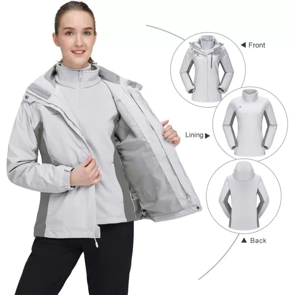 CAMEL CROWN Womens Waterproof Ski Jacket Winter Coat Windbreaker Fleece Inner Detachable Hood Snow Hiking OutdoorLight Grey109