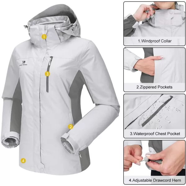 CAMEL CROWN Womens Waterproof Ski Jacket Winter Coat Windbreaker Fleece Inner Detachable Hood Snow Hiking OutdoorLight Grey109