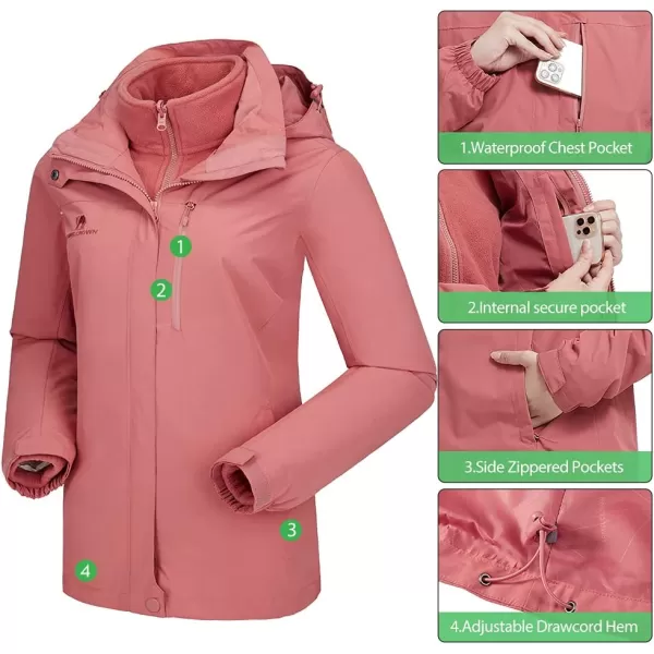 CAMEL CROWN Womens Waterproof Ski Jacket Winter Coat Windbreaker Fleece Inner Detachable Hood Snow Hiking OutdoorPink109