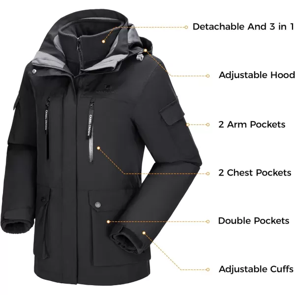 CAMEL CROWN Womens Waterproof Ski Jackets 3 in 1 Snowboard Jackets Hooded Winter Coats Fleece Windbreaker Warm Snow JacketsBlack