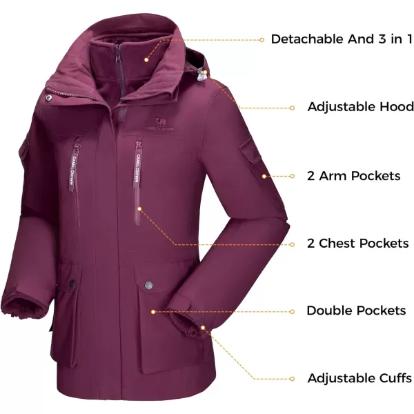 CAMEL CROWN Womens Waterproof Ski Jackets 3 in 1 Snowboard Jackets Hooded Winter Coats Fleece Windbreaker Warm Snow JacketsPurple