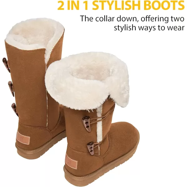 CAMEL CROWN 12 Tall Mid Calf Winter Boots for Women Faux Fur Snow Boot 3Button Suede Fashion Booties Knee HighKhaki