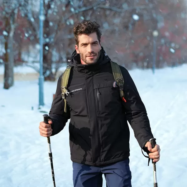 CAMEL CROWN Mens Mountain Snow Waterproof Ski Jacket Detachable Hood Windproof Fleece Parka Rain Jacket Winter CoatDark Black