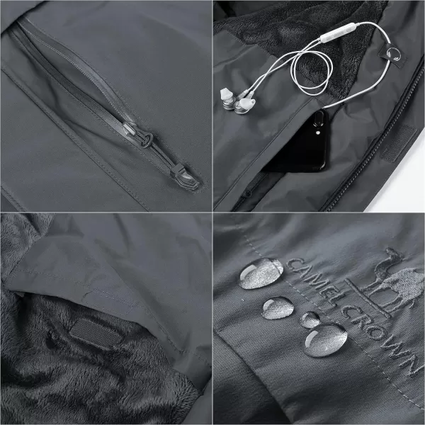 CAMEL CROWN Mens Mountain Snow Waterproof Ski Jacket Detachable Hood Windproof Fleece Parka Rain Jacket Winter CoatDark Gray