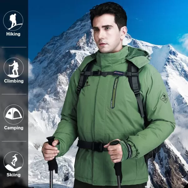CAMEL CROWN Mens Mountain Snow Waterproof Ski Jacket Detachable Hood Windproof Fleece Parka Rain Jacket Winter CoatGreen