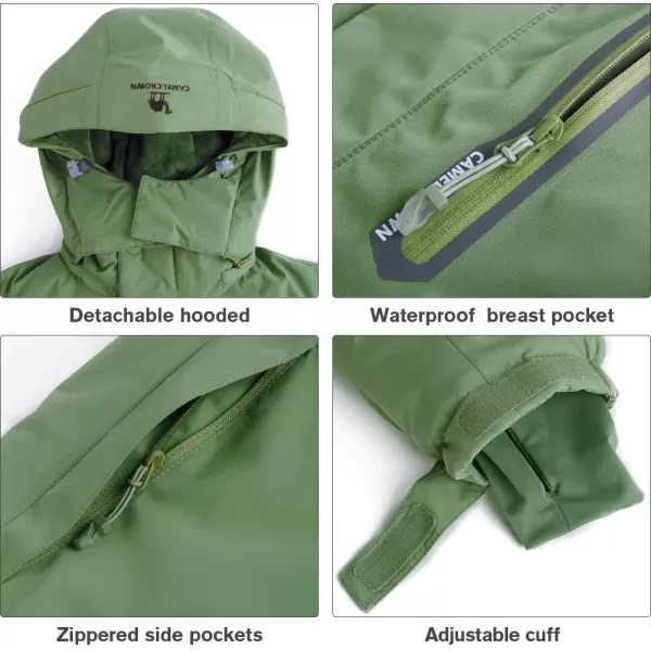 CAMEL CROWN Mens Mountain Snow Waterproof Ski Jacket Detachable Hood Windproof Fleece Parka Rain Jacket Winter CoatGreen