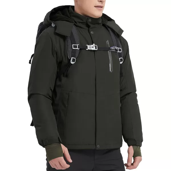 CAMEL CROWN Mens Mountain Snow Waterproof Ski Jacket Detachable Hood Windproof Fleece Parka Rain Jacket Winter CoatOlive