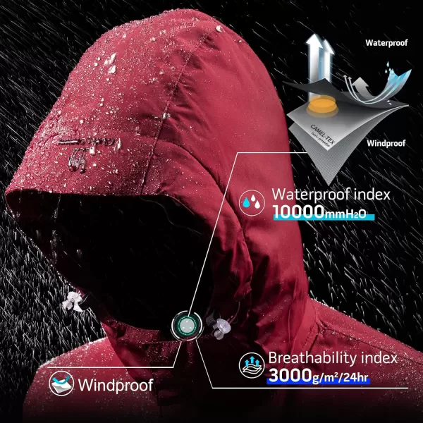 CAMEL CROWN Mens Mountain Snow Waterproof Ski Jacket Detachable Hood Windproof Fleece Parka Rain Jacket Winter CoatRed