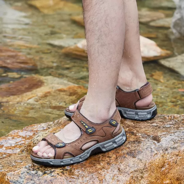 CAMEL CROWN Mens Leather Sandals Outdoor Sports Hiking Sandals Summer Open Toe Adjustable Straps Sandals for Water BeachDark Brown7837