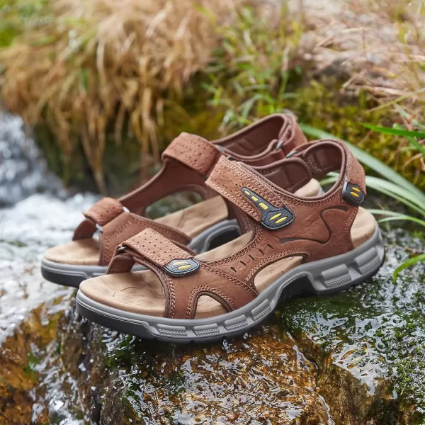 CAMEL CROWN Mens Leather Sandals Outdoor Sports Hiking Sandals Summer Open Toe Adjustable Straps Sandals for Water BeachDark Brown7837