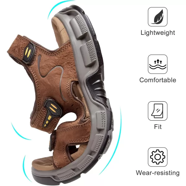 CAMEL CROWN Mens Leather Sandals Outdoor Sports Hiking Sandals Summer Open Toe Adjustable Straps Sandals for Water BeachDark Brown7837