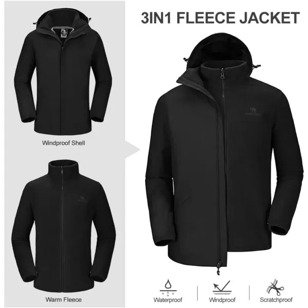 CAMEL CROWN Mens Ski Jacket 3 in 1 Waterproof Winter Jacket Snow Jacket Windproof Hooded with Inner Warm Fleece CoatBlack