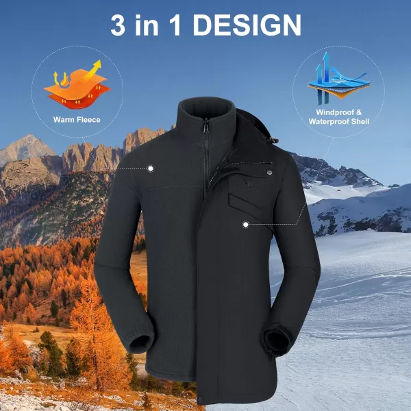 CAMEL CROWN Mens Ski Jacket 3 in 1 Waterproof Winter Jacket Snow Jacket Windproof Hooded with Inner Warm Fleece CoatBlack2