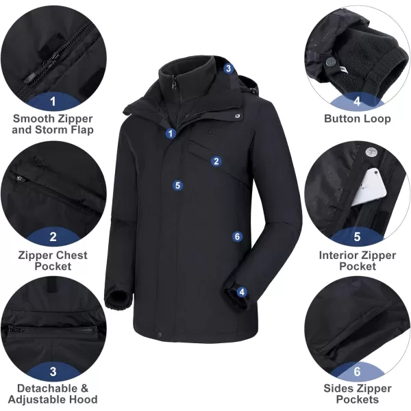 CAMEL CROWN Mens Ski Jacket 3 in 1 Waterproof Winter Jacket Snow Jacket Windproof Hooded with Inner Warm Fleece CoatBlack2