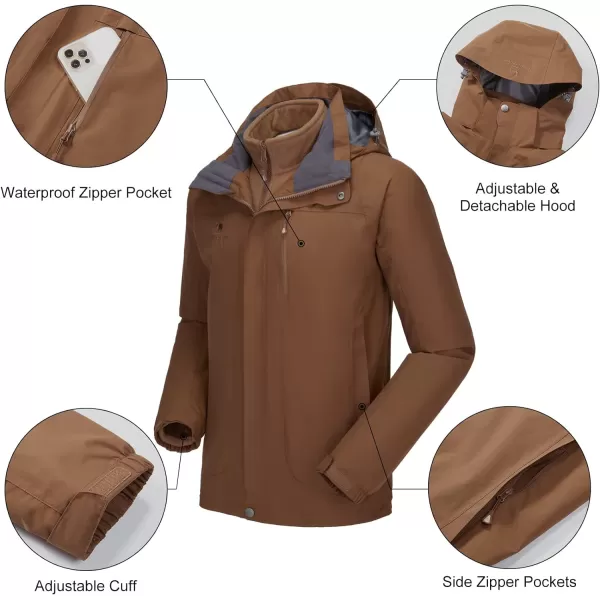 CAMEL CROWN Mens Ski Jacket 3 in 1 Waterproof Winter Jacket Snow Jacket Windproof Hooded with Inner Warm Fleece CoatBrown