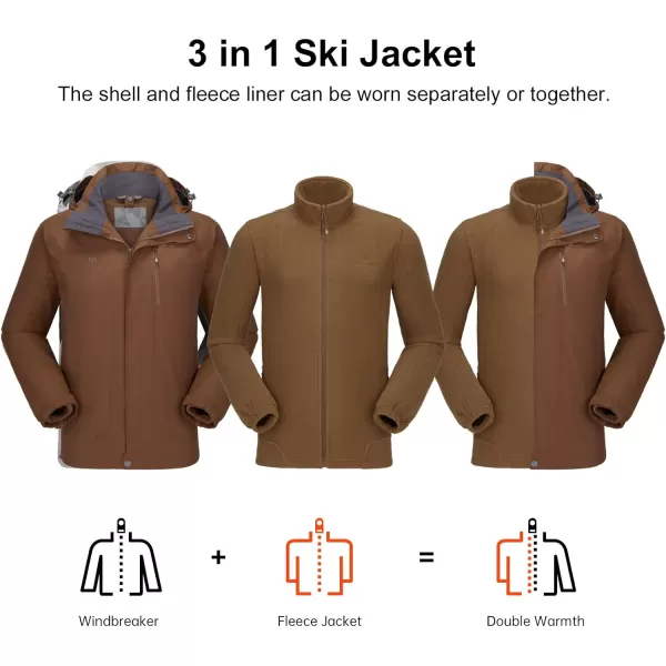 CAMEL CROWN Mens Ski Jacket 3 in 1 Waterproof Winter Jacket Snow Jacket Windproof Hooded with Inner Warm Fleece CoatBrown