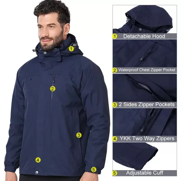 CAMEL CROWN Mens Ski Jacket 3 in 1 Waterproof Winter Jacket Snow Jacket Windproof Hooded with Inner Warm Fleece CoatDark Blue