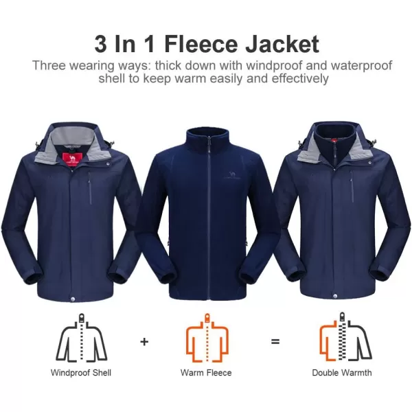 CAMEL CROWN Mens Ski Jacket 3 in 1 Waterproof Winter Jacket Snow Jacket Windproof Hooded with Inner Warm Fleece CoatDark Blue