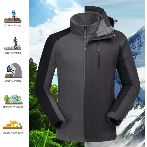 CAMEL CROWN Mens Ski Jacket 3 in 1 Waterproof Winter Jacket Snow Jacket Windproof Hooded with Inner Warm Fleece CoatDark Grey