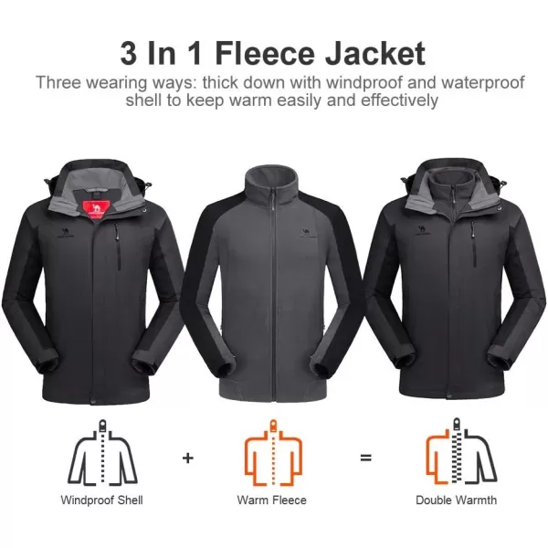 CAMEL CROWN Mens Ski Jacket 3 in 1 Waterproof Winter Jacket Snow Jacket Windproof Hooded with Inner Warm Fleece CoatDark Grey