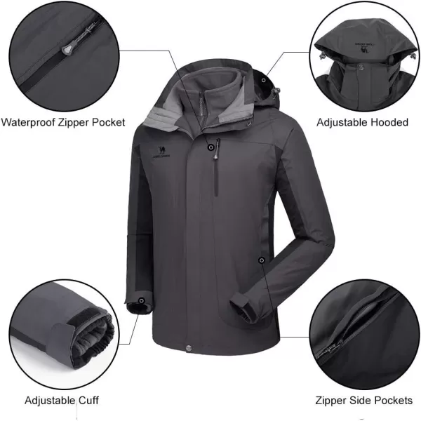 CAMEL CROWN Mens Ski Jacket 3 in 1 Waterproof Winter Jacket Snow Jacket Windproof Hooded with Inner Warm Fleece CoatDark Grey