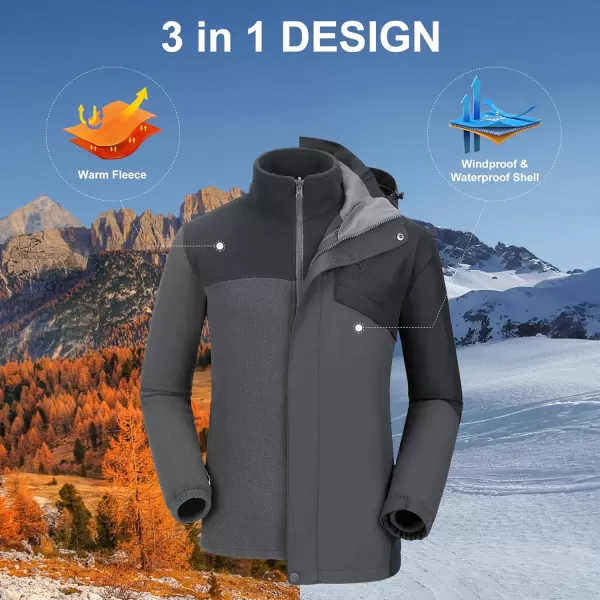 CAMEL CROWN Mens Ski Jacket 3 in 1 Waterproof Winter Jacket Snow Jacket Windproof Hooded with Inner Warm Fleece CoatDark GreyBlack