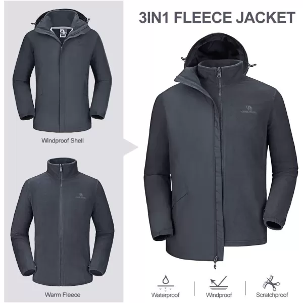 CAMEL CROWN Mens Ski Jacket 3 in 1 Waterproof Winter Jacket Snow Jacket Windproof Hooded with Inner Warm Fleece CoatGrey