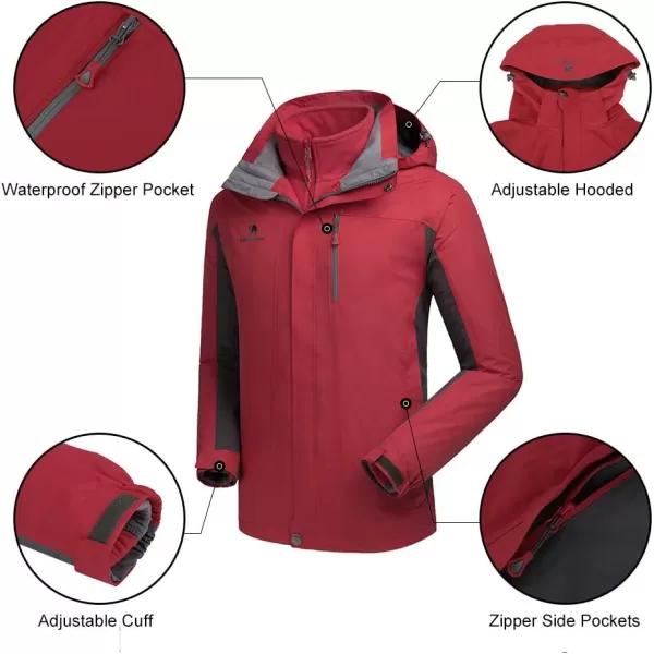 CAMEL CROWN Mens Ski Jacket 3 in 1 Waterproof Winter Jacket Snow Jacket Windproof Hooded with Inner Warm Fleece CoatRed