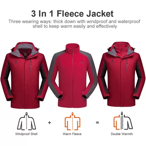 CAMEL CROWN Mens Ski Jacket 3 in 1 Waterproof Winter Jacket Snow Jacket Windproof Hooded with Inner Warm Fleece CoatRed