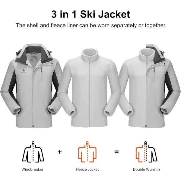 CAMEL CROWN Mens Ski Jacket 3 in 1 Waterproof Winter Jacket Snow Jacket Windproof Hooded with Inner Warm Fleece CoatSilver Grey