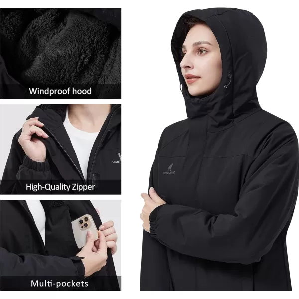 CAMEL CROWN Womens Waterproof Ski Jacket Winter Coat Windbreaker Fleece Inner Snow Hiking OutdoorBlack