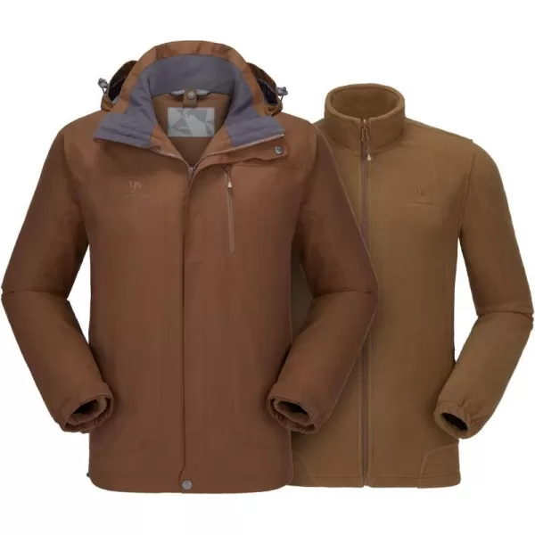 CAMEL CROWN Mens Ski Jacket 3 in 1 Waterproof Winter Jacket Snow Jacket Windproof Hooded with Inner Warm Fleece CoatBrown