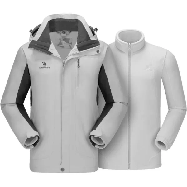 CAMEL CROWN Mens Ski Jacket 3 in 1 Waterproof Winter Jacket Snow Jacket Windproof Hooded with Inner Warm Fleece CoatSilver Grey