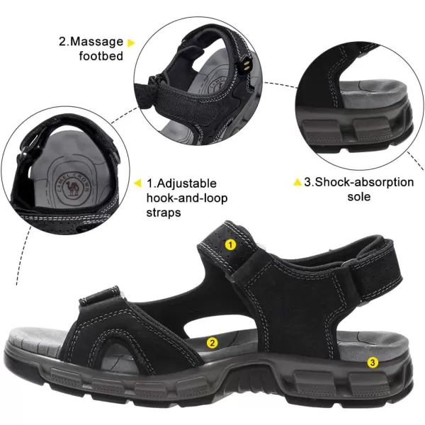 CAMEL CROWN Mens Leather Sandals Hiking Outdoor Water Beach Sports Mens Sandals for Summer with Open Toe Adjustable StrapsBlack7837
