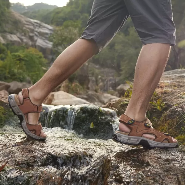 CAMEL CROWN Mens Leather Sandals Hiking Outdoor Water Beach Sports Mens Sandals for Summer with Open Toe Adjustable StrapsDark Drown7837