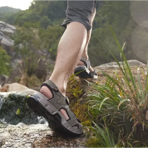 CAMEL CROWN Mens Leather Sandals Hiking Outdoor Water Beach Sports Mens Sandals for Summer with Open Toe Adjustable StrapsDark Green7837