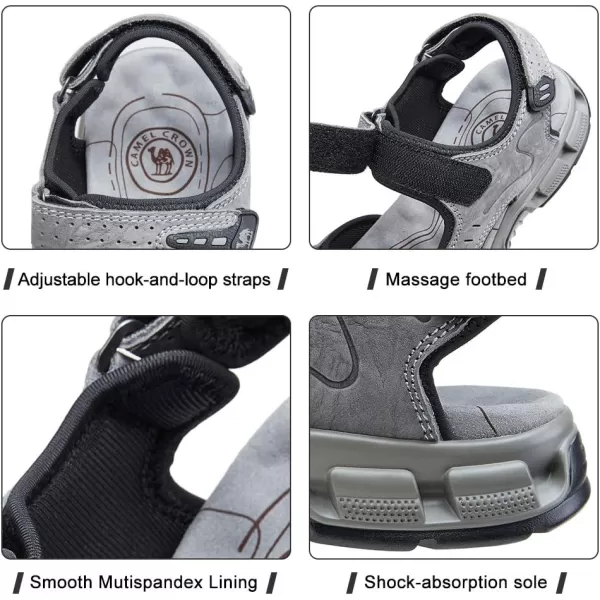 CAMEL CROWN Mens Leather Sandals Hiking Outdoor Water Beach Sports Mens Sandals for Summer with Open Toe Adjustable StrapsGray7837