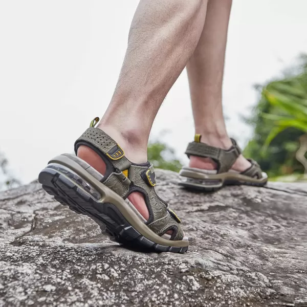 CAMEL CROWN Mens Leather Sandals Outdoor Athletic Hiking Sandals Waterproof Air Cushion Sandals for Beach WalkingDark Green0157