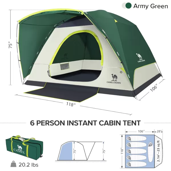 CAMEL CROWN Tents for Camping 3456 Person Tent Waterproof Easy Setup Backpacking Tents with Floor Mats and Attached Porch Family Tent for Outdoor Hiking with PorchArmy Green