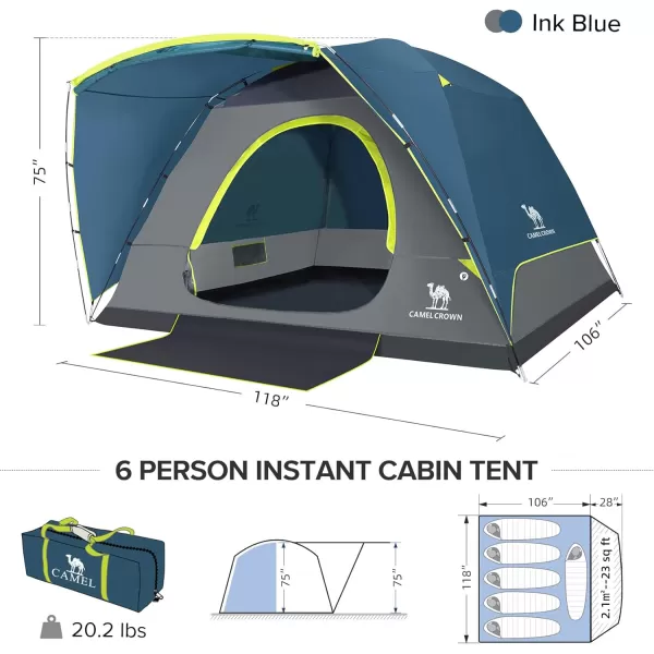 CAMEL CROWN Tents for Camping 3456 Person Tent Waterproof Easy Setup Backpacking Tents with Floor Mats and Attached Porch Family Tent for Outdoor Hiking with PorchInk Blue