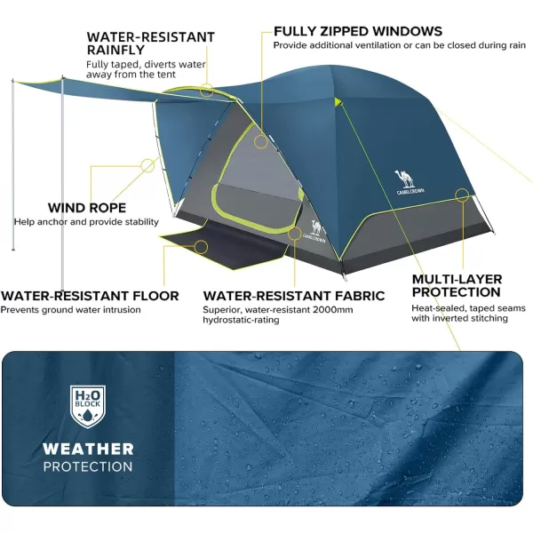 CAMEL CROWN Tents for Camping 3456 Person Tent Waterproof Easy Setup Backpacking Tents with Floor Mats and Attached Porch Family Tent for Outdoor Hiking with PorchInk Blue