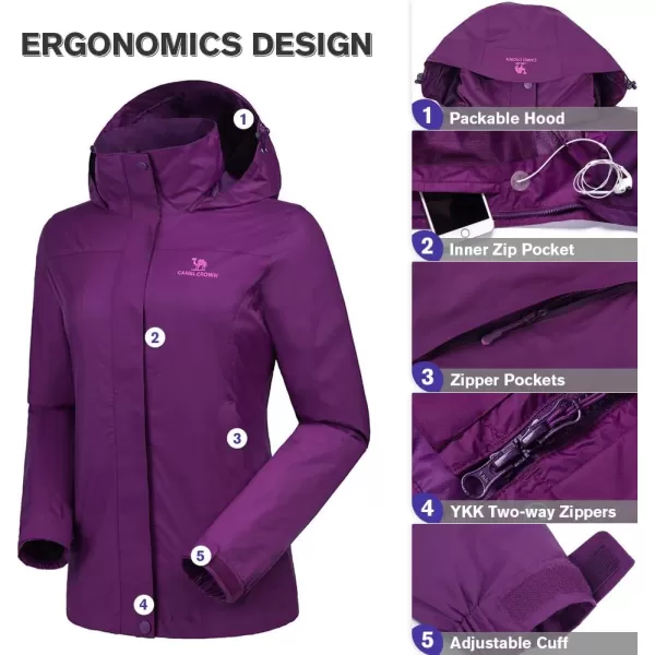 CAMEL CROWN Womens Lightweight Rain Jacket Waterproof Windbreaker Hooded Coat Shell for Outdoor Hiking Climbing TravelingPurple