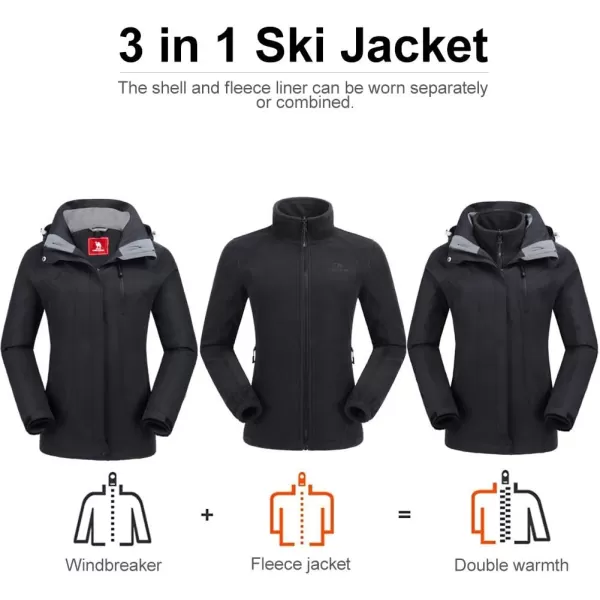 CAMEL CROWN Womens Ski Jacket Waterproof 3 in 1 Winter Jacket Windproof Warm Fleece Hooded Snowboard Mountain Snow CoatBlack