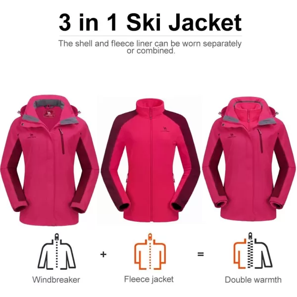 CAMEL CROWN Womens Ski Jacket Waterproof 3 in 1 Winter Jacket Windproof Warm Fleece Hooded Snowboard Mountain Snow CoatCoral Red